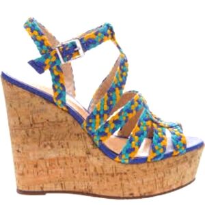 Schutz Caron Olympian Blue HIgh Heel Cork Wedge Platform Multi Color Sandals..10